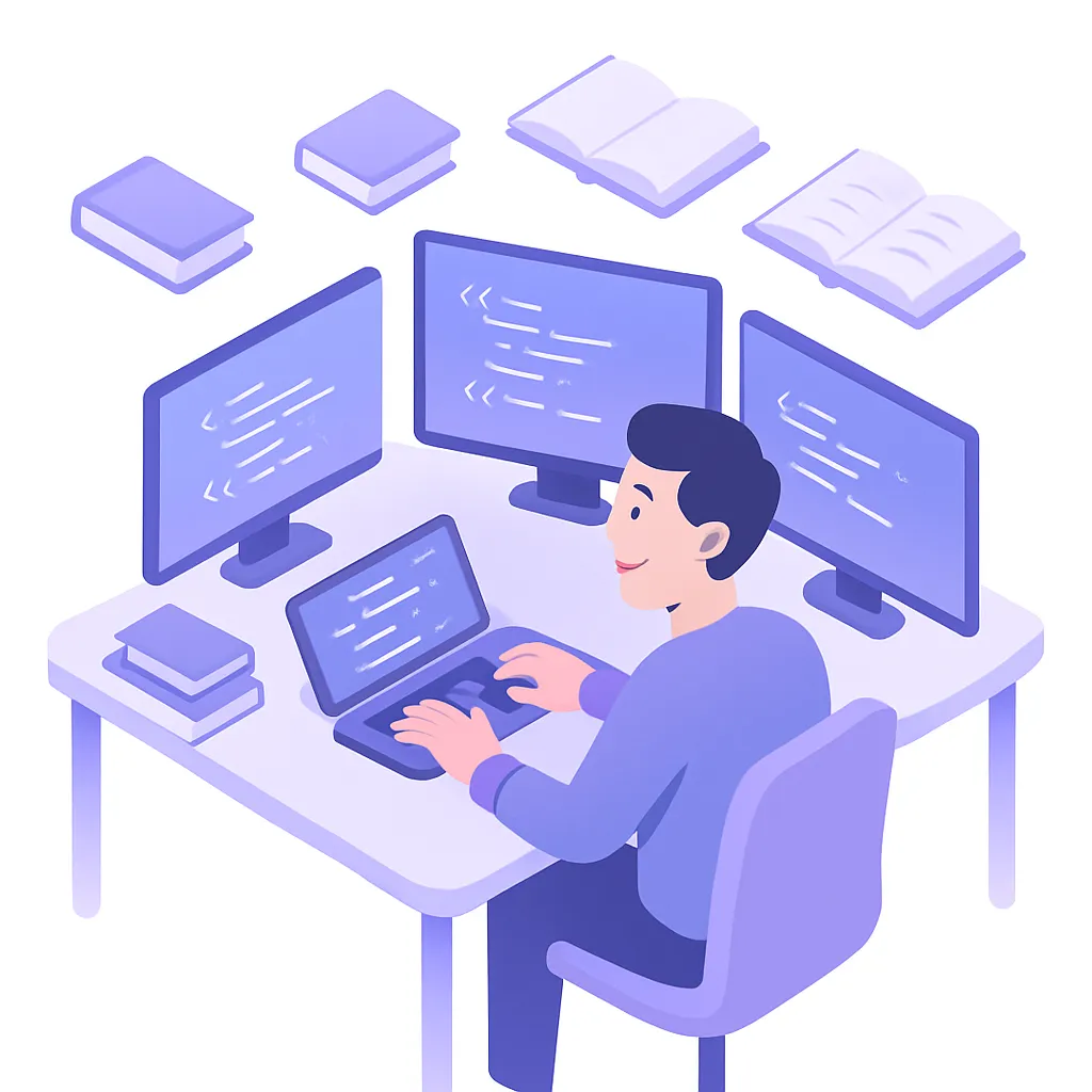 Developer at workspace with code references